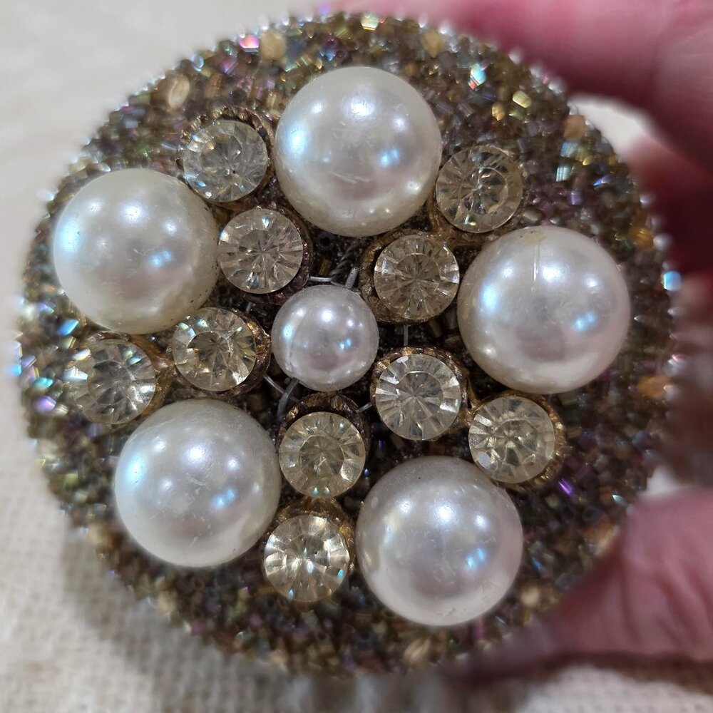 Vintage Silver Bead Pearl & Rhinestone Encrusted Metal Trinket Gift Vanity Box